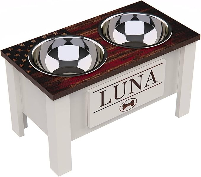 GrooveThis Woodshop - Personalized Elevated Dog Bowl Stand for Large, Medium, Small, X-Small Dogs - Stainless Steel Food and Water Bowls - Raised Dog Dish with Internal Storage (Large, Flag Design)