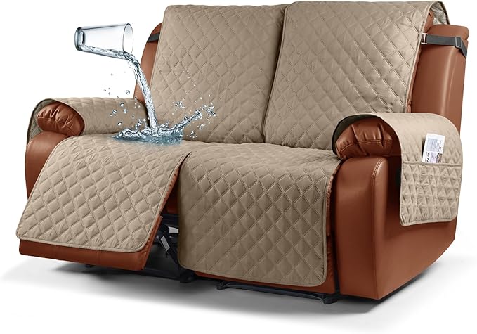 Ruaozz Waterproof Recliner Sofa Cover 1-Piece Couch Covers for Reclining Couches Reclining Sofa Cover Washable Furniture Protector with Elastic Straps Pocket for Kids, Pets (Khaki, 2 Seater)