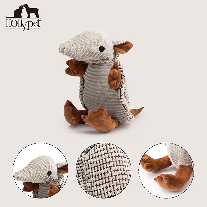 Hollypet Plush Dog Squeaky Toy Stuffed Armadillo Animal Pet Puppy Chew Toys with Clean Teeth for Small Medium Large All Breed Sizes Dogs, Gray Large, 8 in