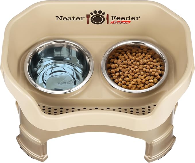 Neater Feeder Deluxe Mess Proof Dog Bowls Elevated Medium Sized Dogs (19-40 lbs) Made in USA, No Spill Raised Dog Food Bowl Stand w/Leg Extension, Stainless Steel Food and Water Bowl Set, Cappuccino