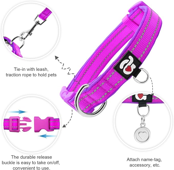 azuza Reflective Dog Collar,Soft Neoprene Padded Pet Collar with ID Tag Ring,Adjustable for Large Dogs,Purple,L