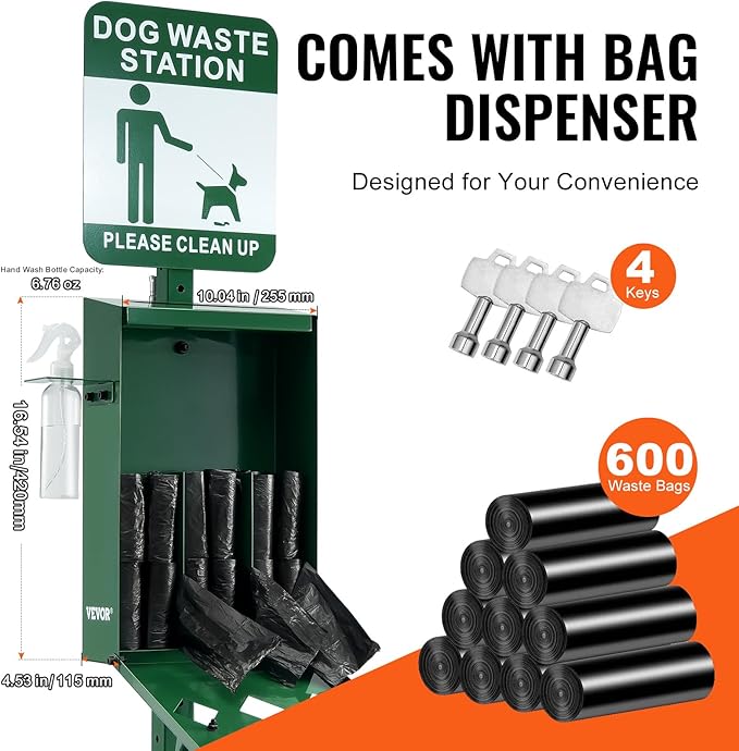 VEVOR Dog Waste Station with Hand Wash Bottle, 11.5 Gallons Pet Waste Bin with 50 Can Liners, Bag Dispenser & 600 Waste Bags, Outdoor Dog Waste Disposal System for Backyard