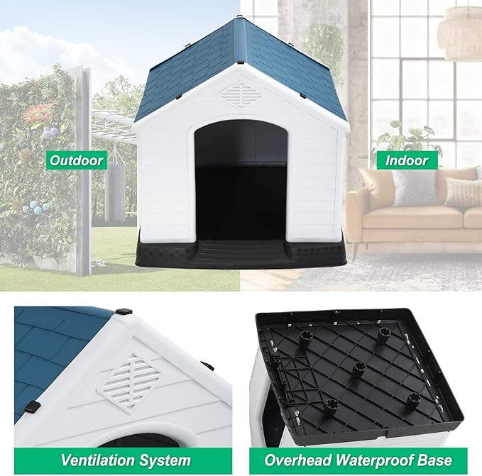 FDW Dog House Indoor Outdoor Durable Ventilate Waterproof Pet Plastic Dog House for Small Medium Large Dogs Insulated Puppy Shelter Kennel Crate with Air Vents and Elevated Floor