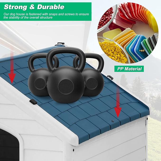 FDW Dog House Indoor Outdoor Durable Ventilate Waterproof Pet Plastic Dog House for Small Medium Large Dogs Insulated Puppy Shelter Kennel Crate with Air Vents and Elevated Floor