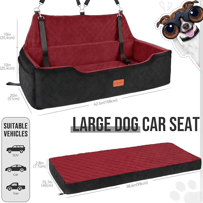 Large Dog Car Seat Under 100 lbs, Washable Dog Car Bed for 2 Medium Dogs, Detachable Pet Booster Seat with Storage Pocket and Seat Belt for Back Seat