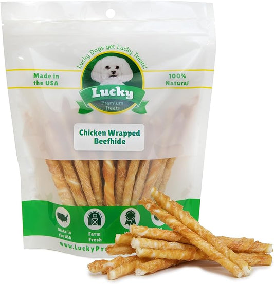 Chicken Wrapped Rawhide Dog Treats – 80ct. Rawhide Chew Sticks – Long Lasting Chews for Small Dogs Made in The USA with Natural Chicken and Beef Hide