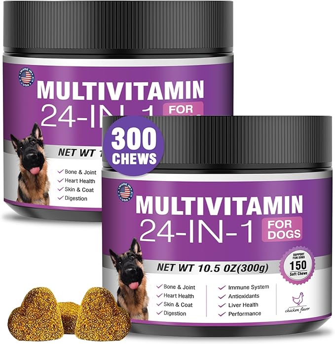 24-in-1 Dog Vitamins and Supplements 300 Ct Dogs Multivitamin Chewable Contain Chondroitin Probiotics Omega-3 Glucosamine for Dogs Skin Coat Heart Joint Gut Liver Brain Eyes Immune Support - Chicken