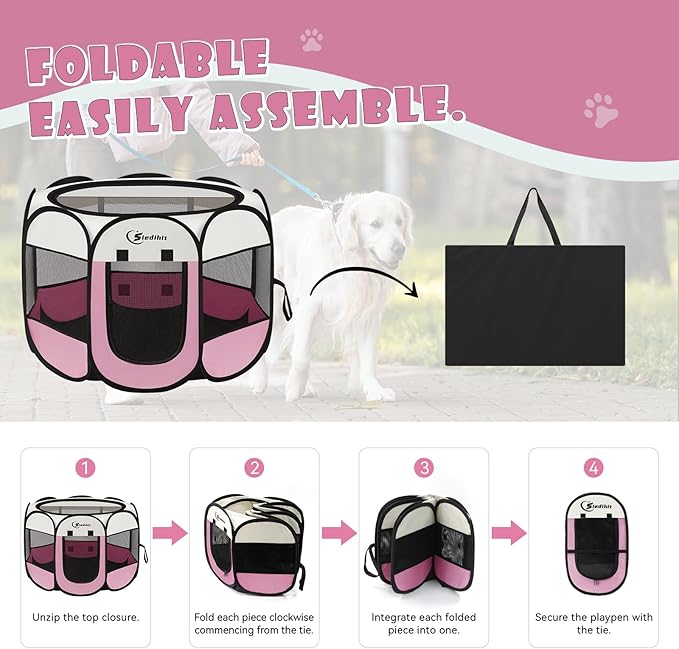 Pink Puppy Playpen for Middle Dog Cat, Dog Tent Crates Cage Indoor/Outdoor, Portable Pop Up Dog Kennel with Carrying Bag for Rabbits, (Pink, Medium)