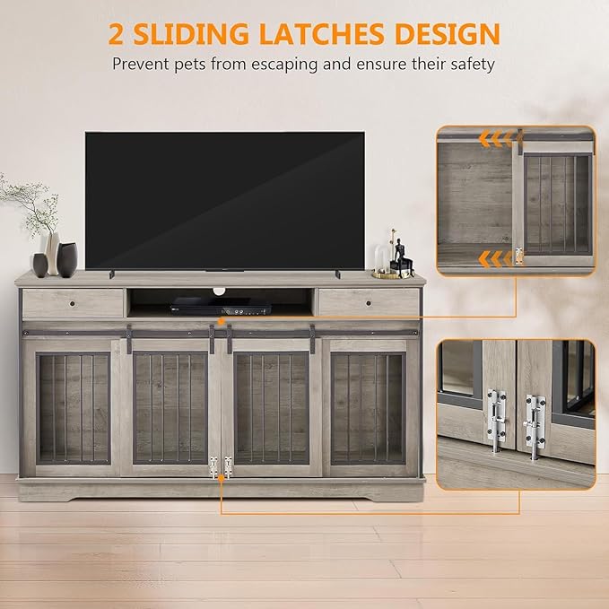 3-in-1 Double Dog Crate Furniture, 66.1 Inch Grey Furniture Style Dog Crates for 2 Dogs with Divider, Dog Kennel TV Stand with 2 Drawers and Sliding Doors