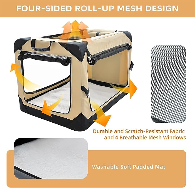Pettycare 26 Inch Collapsible Foldable Soft Dog Kennel with Chew Proof Mesh Windows, Indoor & Outdoor Travel Dog Crate, Soft Side Dog Crate, Beige