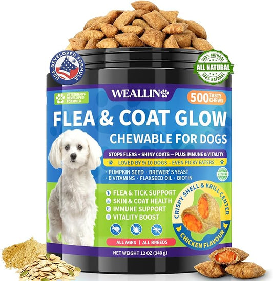 Flea and Tick Prevention for Dogs, Dog Flea Treatment with Skin & Coat Support 500 Crunchy & Krill Chews Dog Flea and Tick Treatment Chewable for Immunity & Energy for All Breeds & Ages Chicken Flavor