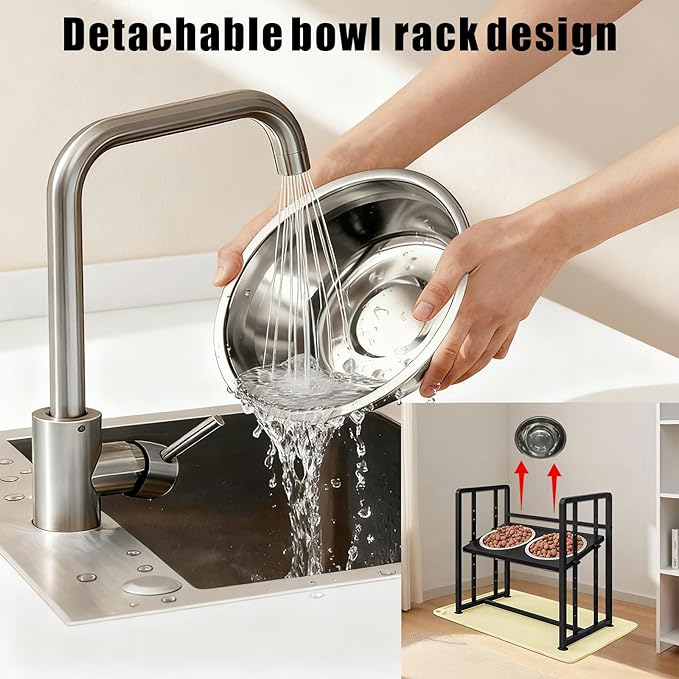 Elevated Dog Bowls 4 Height Adjustable Metal Pet Food Feeder Stand with 2 Stainless Steel Bowl Raised Dogs Feeding Station with Non-Slip Mats Black (Black, with Feeding Mat)