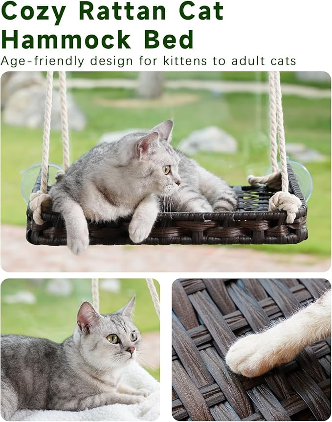 Cat Window Perch, Cat Window Hammock Bed for Indoor Cats, Large Handwoven PE Rattan Window Seat, 4 Suction Cups, Double Sided Washable Cushion Bed, 2.3 Inch Fence Shelf, for Pet Kittens Brown