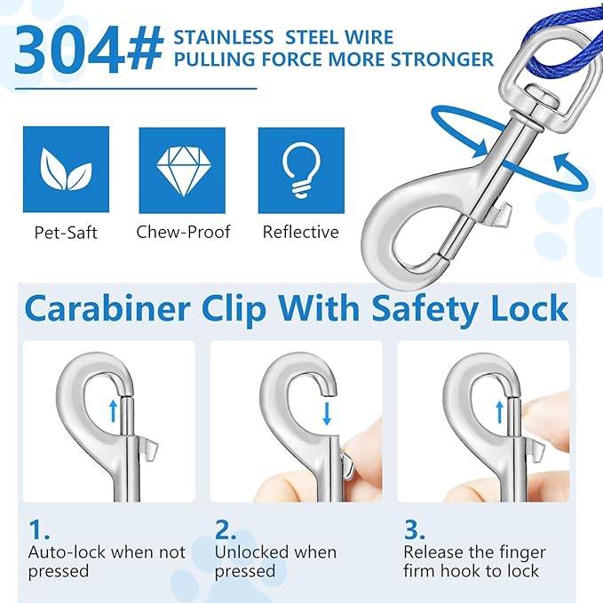 50ft Dog Tie Out Cable, Dog Leash Heavy Duty Tie Out Cable for Large Dogs Up to 250lbs Pull Force, Dogs Runner for Yard Outdoor and Camping, Super, Blue