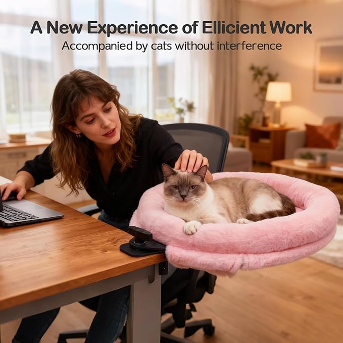 Odoland Large Cat Desk Bed - Cat Perch Clamp for Home Workers - 360 Rotating Desktop Hammock with Replace Mattress for Winter Summer - Hold UP to 50LBS for Kitten Adult Cats Small Pet, Pink