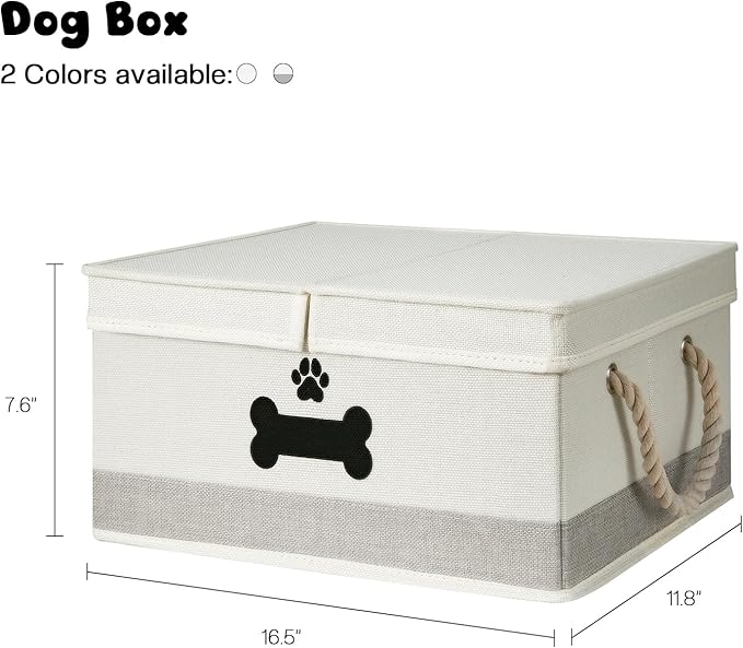 Dog Toy Basket with Double-Open Lid, Divided Dog Basket for Toys, Collapsible Pet Toy Box, Dog Storage Organizer with 2 Divided Area, Puppy Toy Baskets with Rope Handles, Beige & Gray