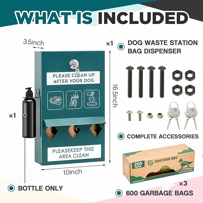 Abbylike 1 Set Outdoor Dog Bag Storage Dispenser with Bags and Hand Sanitizer Bottle Green Poop Station Wall Mounted Dog Waste Container for Pet Waste Wall Home Porch Lawn Yard Fence