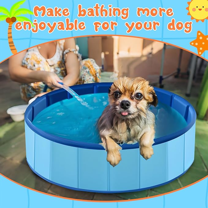 Chunful Foldable Dog Pool with Storage Bag, 24 x 8 Pet Swimming Pool Hard Plastic Portable Bath Tub for Dogs, Cats, Backyard, Beach, and Summer Play, Indoor & Outdoor Use (Blue)
