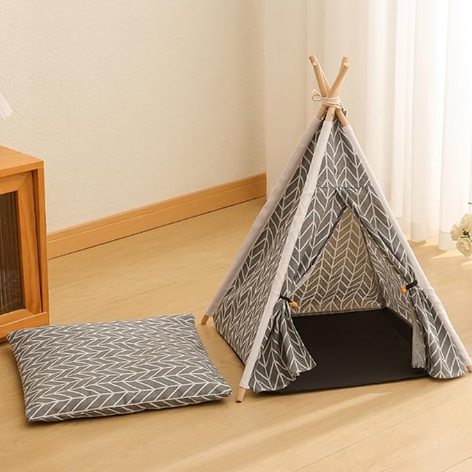 Pet Teepee, Portable Pet Tents for Small Dogs or Cats, Puppy Sweet Bed Washable Dog or Cat Houses with Cushion(Grey,24in)