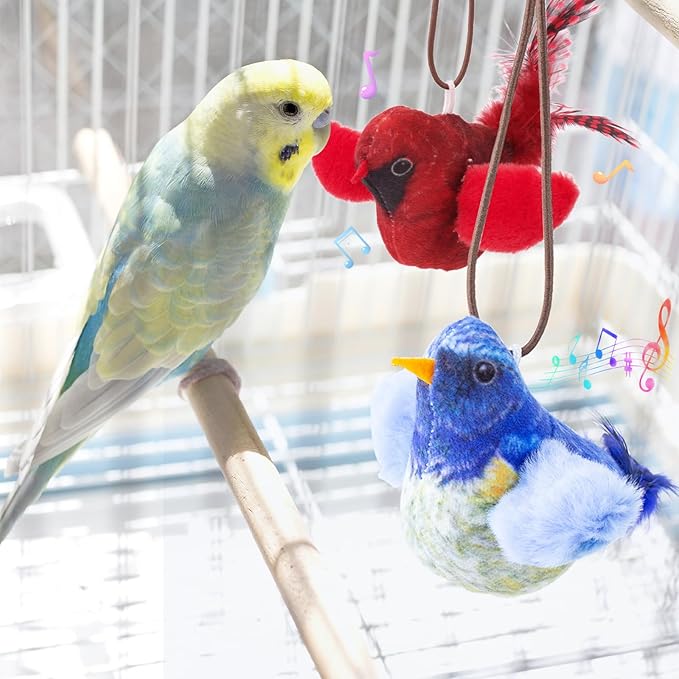 2 Pcs Chirping Birds Cat Toys with Catnip SilverVine, Vivid Chirping with Hanging Rope, Touch Activated Squeaky Sound Cats Toy, Interactive Indoor Kitten Kitty Exercise & Kicker Toys