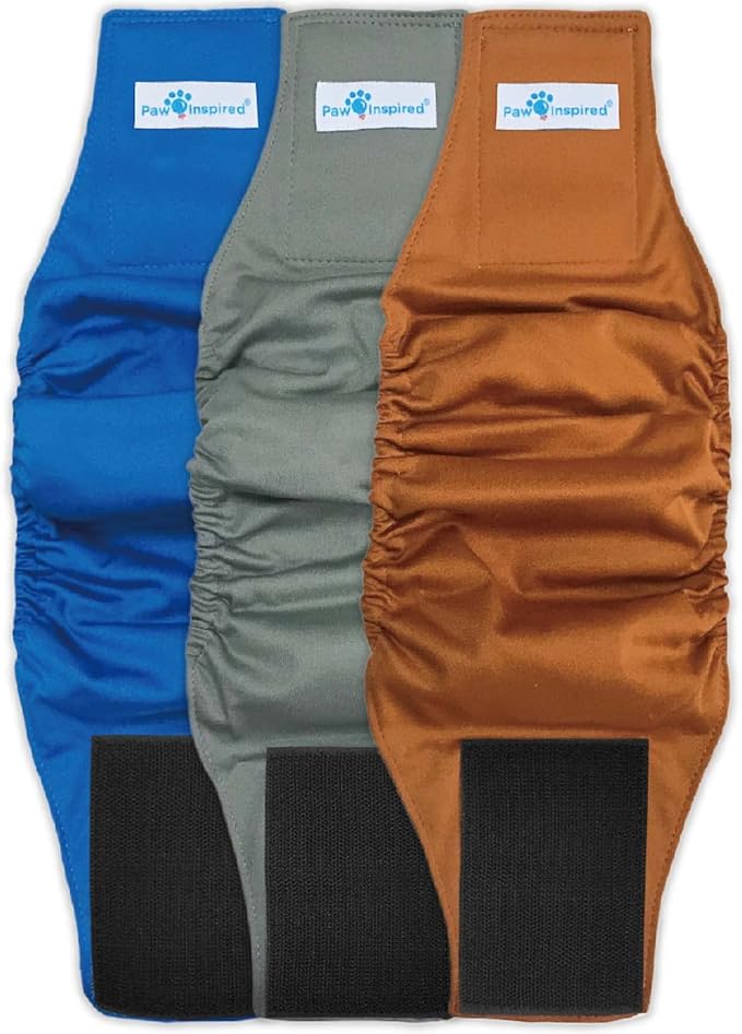 Paw Inspired 3-Count Reusable Male Dog Wraps, Washable Diapers for Male Dogs, Belly Bands for Incontinence, Surgery, Male Marking (Small Size, Assorted Colors with Black Lining, Pack of 3)