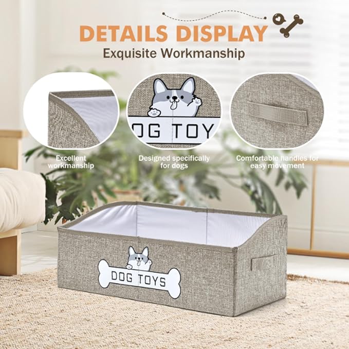 Dog Toy Basket, Collapsible Dog Toy Box with Handle, Perfect for Storing Pet Toys and Accessories (Light Khaki)
