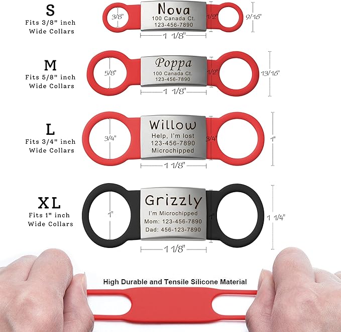 Anavia Slide On Silent Pet ID Tags Cat Dog Name Tags, Multi-Color Silicone Band Personalized Engraved Stainless Steel Tag, Customized Chew-Proof Quiet Dog Collar Tags (Medium, Black)