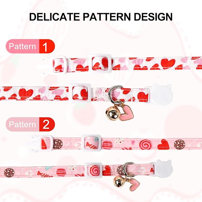 2 Pack Valentine's Day Cat Collar with Bell,Unique Style Paws Valentine's Day Cat Collar with Breakaway Buckle,Adjustable Puppy Collar with Cute Heat Love Pattern,Ideal Gift for Boy Girl Cats