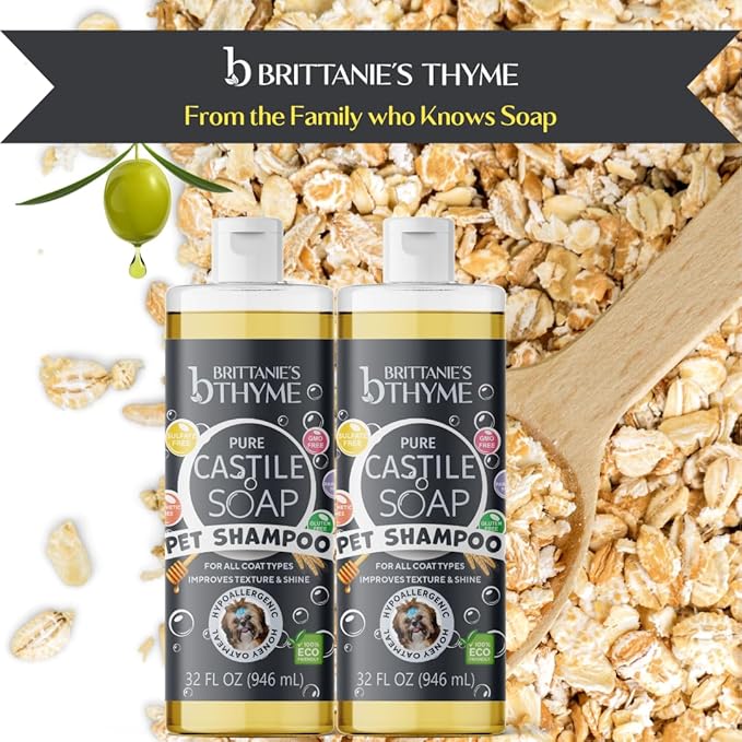 Brittanie's Pure Castile Pet Wash - 32oz 2 Pack | Gentle Shampoo + Conditioner for Dogs, Cats, Horses | Improves Coat | for Allergies and Itching | Deodorizes, Moisturizes & PH Balanced