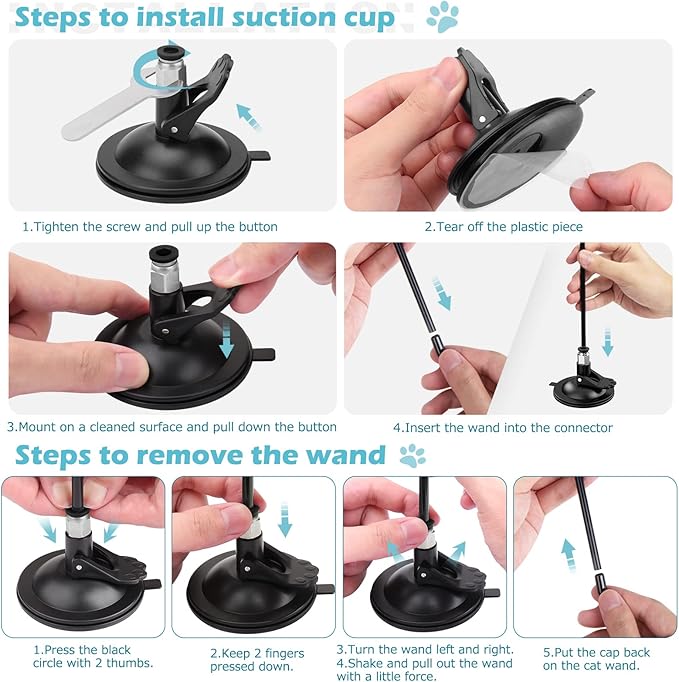 Cat Toys Wand, Interactive Cat Toy with Super Suction Cup Sticky Detachable 12 PCS Feather Replacements 2 Wands Cat Spring Feather Toys for Indoor Cats Kitten Toys (4 Birds Replacements)