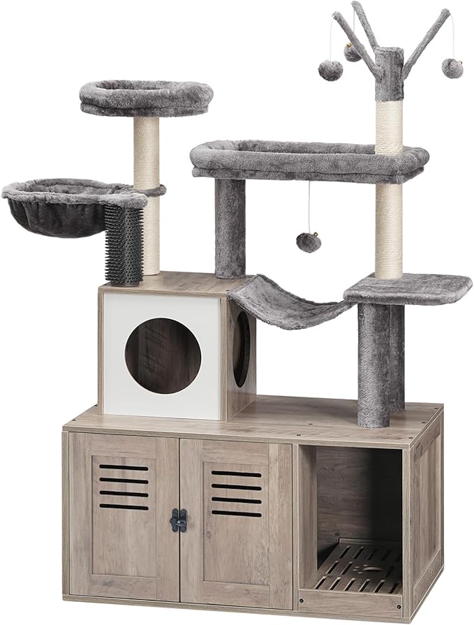 HOOBRO Large Hidden Litter Box, Cat Tree with 30.7'' Long Litter Box Enclosure, Modern Cat Tower, Cat Condos with Scratching Posts, Rubbing Post, Hammock and Teaser Sticks, Greige BG28MZ03G1