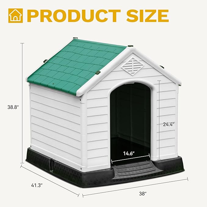 DWVO Plastic Dog House, Weatherproof Outdoor/Indoor Doghouse, Puppy Kennel with Air Vents and Elevated Floor