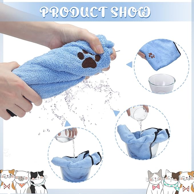 Tegeme 4 Pack Dog Towels for Drying Microfiber Soft Absorbent Pet Bath Towel Dog Drying Grooming Cloth with Embroidered Paw for Pet Cat Bathing Grooming(35 x 20 Inch,Blue)
