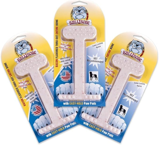 Bullibone Nylon Dog Chew Toy Nylon Bone - Improves Dental Hygiene, Easy to Grip Bottom, and Permeated with Flavor (Bacon, XL - 3 Pack)