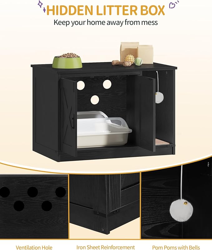 Cat Litter Box Enclosure, Hidden Litter Box Cabinet Furniture with Bell, Indoor Cat House, Farmhouse Style, 31.5 x 19.7 x 20.9Inches, for Hallway, Bedroom, Black CB82404X