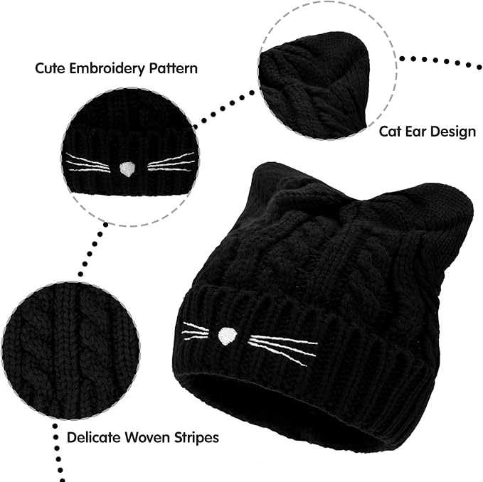 Kids Girls Cat Ear Hat Winter Warm Knit Beanie Cute Ski Skull Cap for Ages 7-12