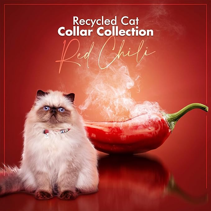 Pawtitas Recycled Cat Collar with Reflective Stitched and Safety Buckle Removable Bell Reflective Cat Breakaway Collar Made from Plastic Bottles - Red Chili Cat Collar.