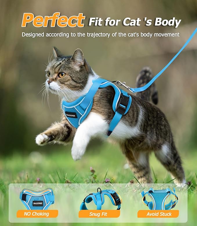 Halypet Cat Harness and Leash Set [MAX Safety 4th-Gen Upgrade] Escape Proof Adjustable Cat Leash Comfortable Soft Vest Easy to Wear Kitten Harness with Reflective Strip for Cats Walking, S SkyBlue
