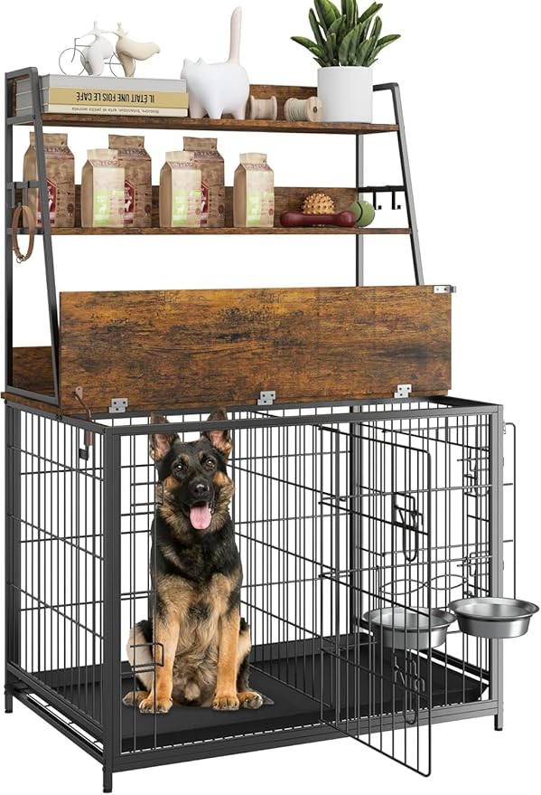 57 Inch Dog Crate Furniture with Storage - Large Dog Cage with Double Door,Dog House Kennel Indoor with Two 7" Dog Bowls,37.4"×24.4"×57.1",Vintage