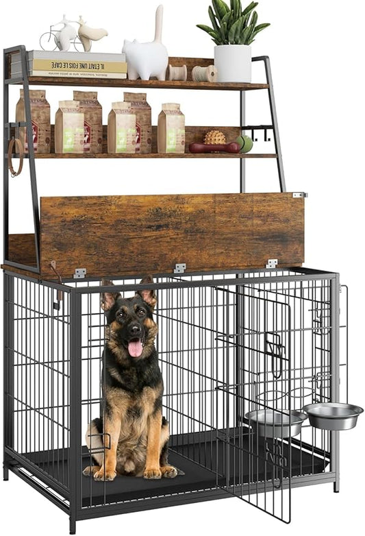 57 Inch Dog Crate Furniture with Storage - Large Dog Cage with Double Door,Dog House Kennel Indoor with Two 7" Dog Bowls,37.4"×24.4"×57.1",Vintage