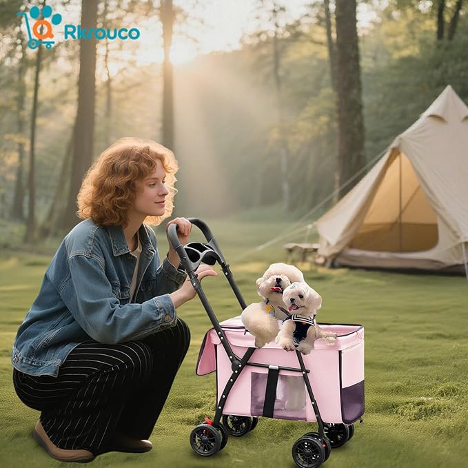 Foldable Pet Stroller for Small Medium Cat Dogs Portable Pets Carriers Strollers with 4 Wheels Up to 55Lbs Puppy Strolling Cart Travel (Pink)
