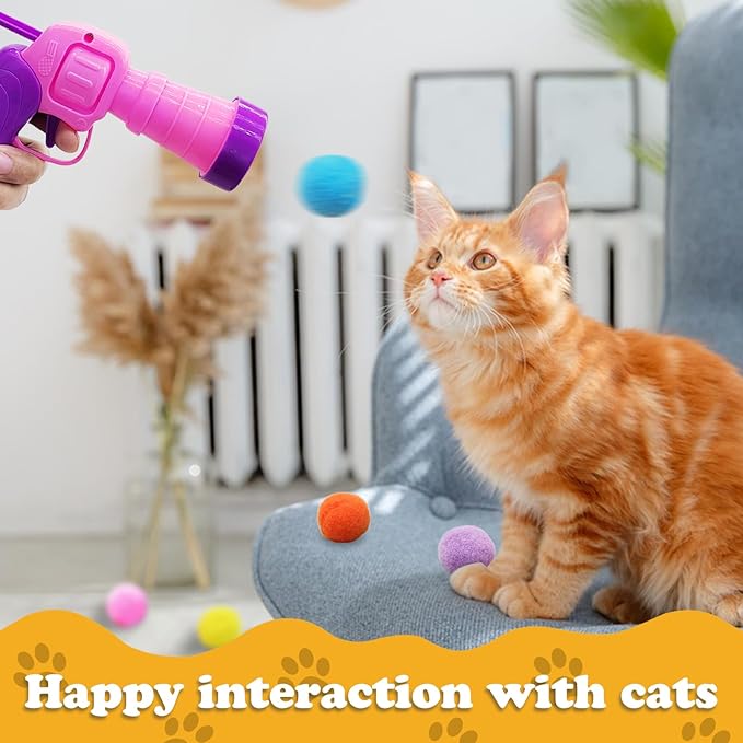 Andiker Cat Toy Balls Set, 30pcs Plush Cat Pom Pom Balls&a Plastic Launcher Set for Kitten Catch&Fetch Interactive Cat Toy with Colorful&Soft Cat Balls for Indoor Cats to Keep Fit (Pink 100balls)