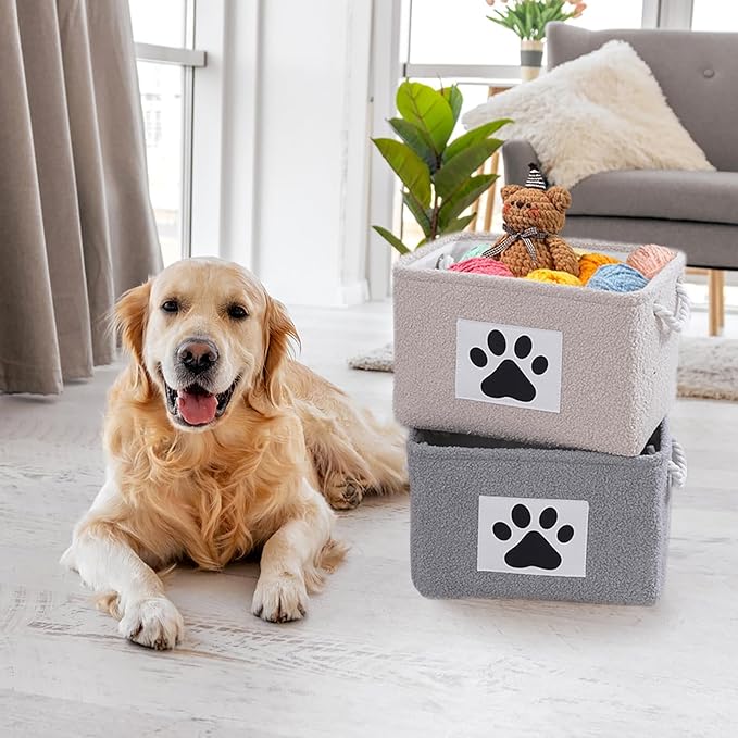 COMFY-HOMI 2Pcs Dog Toy Basket with Metal Collapsible Pet Toy Storage Organizer with Handles-Soft Polyester Fleece Fabric Bin Storage Basket for Shelves, Toys Storage Organization 15"x10.2"x9.5"-Grey