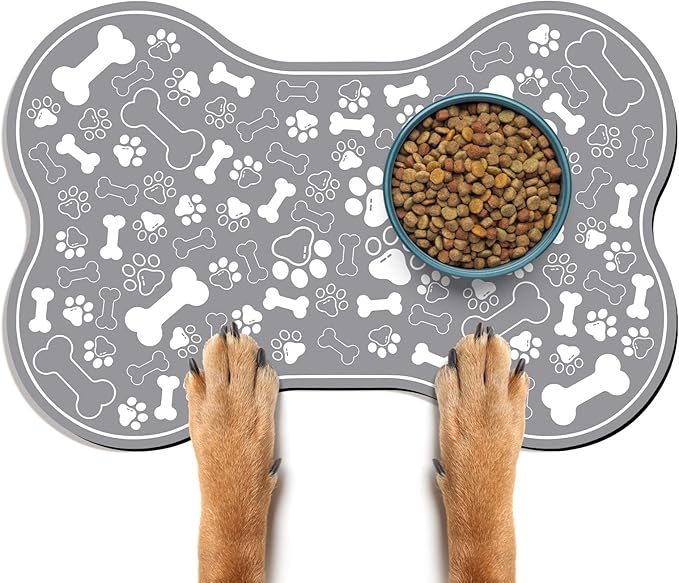 Dog & Cat Food Mat Bone Shaped Pet Feeding Mat Quick Absorb Water Bowl Placemat with Rubber Backing Indoor Floor Stain Resistant Pet Accessory Supplies (Grey, 16x24 Inches)