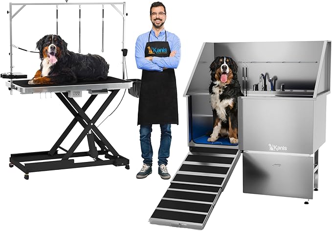 KANIS - 50" Professional Stainless Steel Dog Bathing Station, Left RAMP + 49" Professional Electric Dog Grooming Table, Black