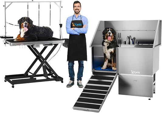 KANIS - 50" Professional Stainless Steel Dog Bathing Station, Left RAMP + 49" Professional Electric Dog Grooming Table, Black