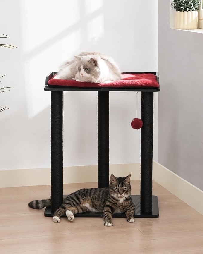 FourFurPets 26.7in Large Cat Tree Tower Condo, Cat Scratch Posts for Indoor Cats, Big Plate, Three 23.6in Full Sisal Scratching Posts, Black&Red