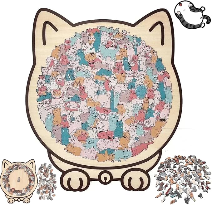 135-Piece Colored Cat Shaped Wooden Jigsaw Puzzle, Cats Shaped Wooden Puzzle, Unique Animal Shape Wood Puzzle, Creative Gifts for Cats Lovers, Home Decor (#B)