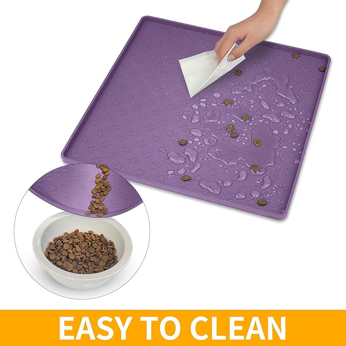 Ptlom Dog Food Mat Anti-Slip Bowl Mats for Food and Water, Waterproof Silicone Pet Placemat with High Raised Edges, Non-Slip Puppy Feeding Tray for Small, Medium Large Cats Dogs, Purple, 11.8"x11.8"