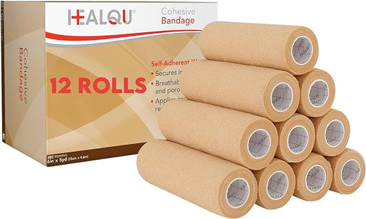 HEALQU Self Adhesive Bandage Wrap – Cohesive Tape for Athletic & Sports - 6” x 5 Yards Self Adherent Medical Tape, Flexible, Waterproof Elastic Bandages for Wrist & Ankle Vet Wrap for Dogs (12 Rolls)